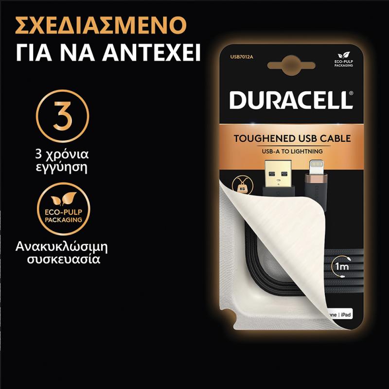 Καλώδιο Σύνδεσης USB 2.0 Duracell Braided Kevlar USB A σε MFI Lightning 15W 2m Μαύρο