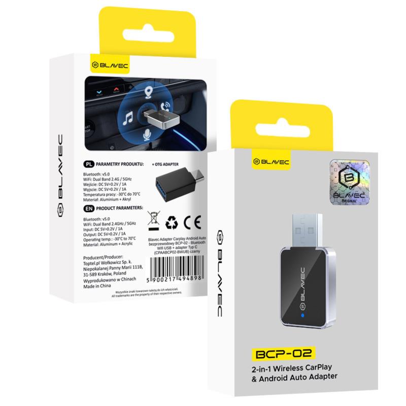 Ασύρματος Προσαρμογέας Blavec BCP-02 Carplay/ Android Auto με Bluetooth Wi-Fi USB A & USB C Adapter Μαύρο