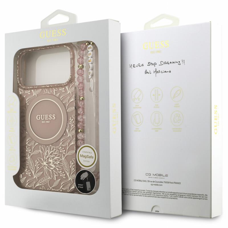 Θήκη PU/ Silicon Guess Magsafe Apple iPhone 18 Pro Max/ 17 Pro Max IML Flowers με Pearl Strap Ροζ