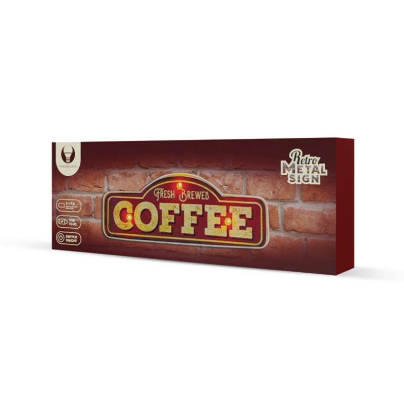 Μεταλλική Πινακίδα LED Forever Light RETRO Fresh Brewed Coffee Κόκκινο-Χρυσό