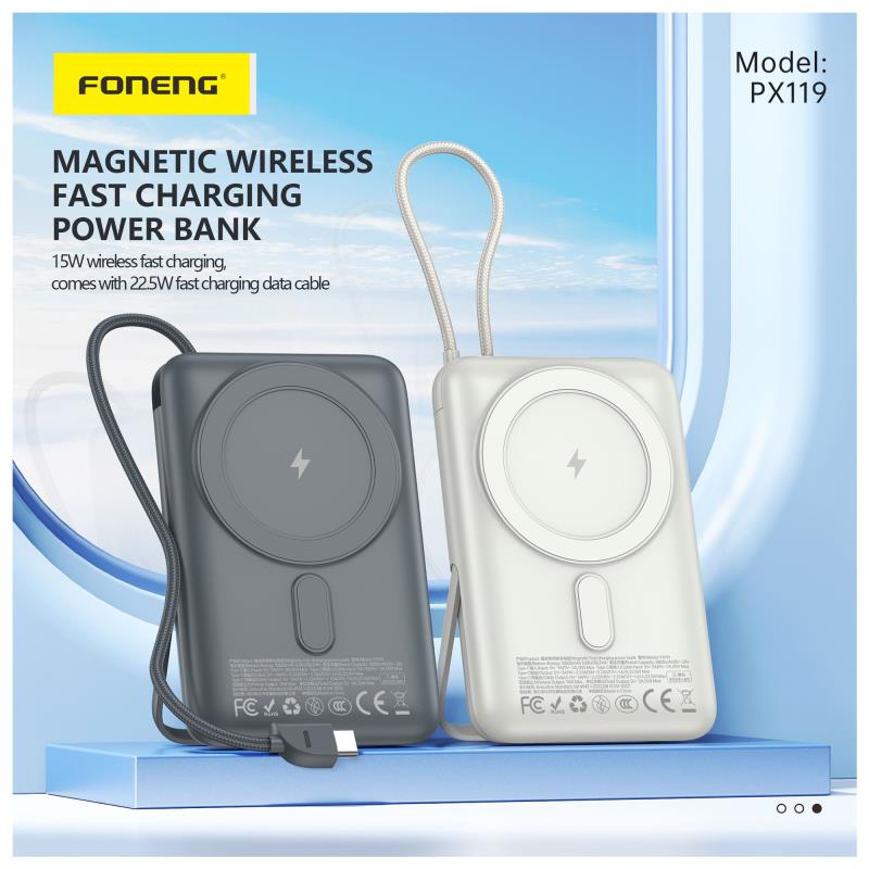 Φορτιστής Ανάγκης Foneng PX119 22.5W 10000mAh Magnetic Wireless με Ενσωματωμένο Καλώδιο & Stand Σκούρο Γκρι