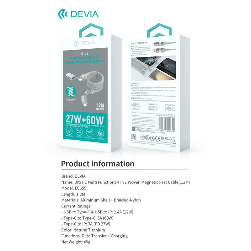 Καλώδιο Σύνδεσης USB 2.0 4 σε 1 Woven Magnetic Devia EC655 USB A & USB C σε USB C & Lightning PD 60W & 27W 1.5m Ultra 2 Τιτάνιο