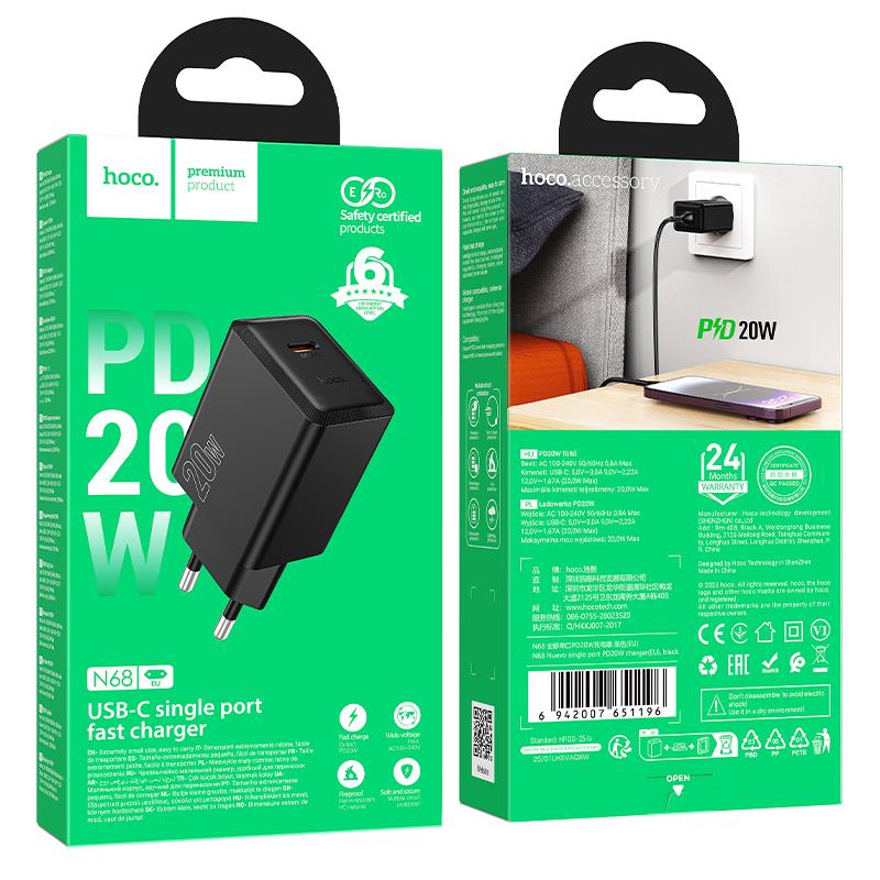 HOCO N68 NUEVO ΦΟΡΤΙΣΤΗΣ PD20W, 1 ΘΥΡΑ, TYPE-C, ΜΑΥΡΟ