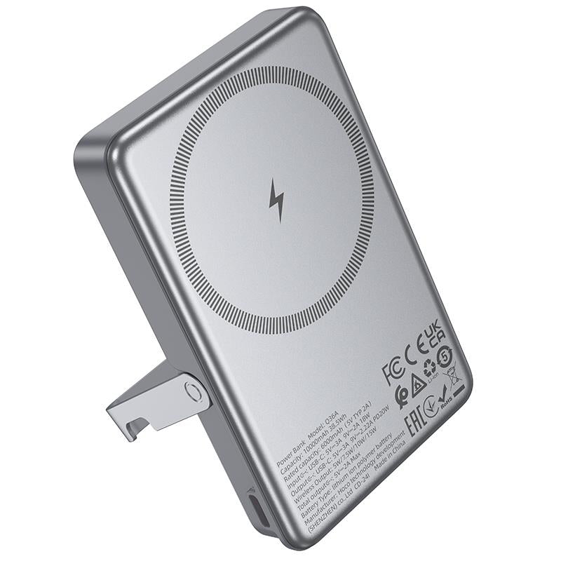 HOCO POWERBVANK Q36A SUNLIGHT, 10000MAH, MAG.WIRELESS CHARGE 15W,FOLD STAND, PD20W, ΓΚΡΙ