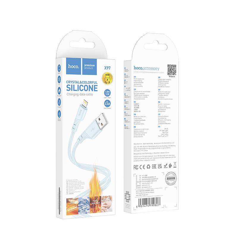 HOCO X97 CRYSTAL COLOR SILICONE CHARGING ΚΑΛΩΔΙΟ ΦΟΡΤΙΣΗΣ, LIGHTNING, ΜΠΛΕ