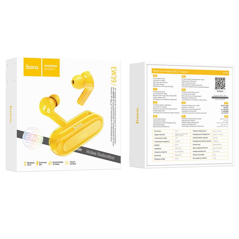HOCO EW39 BRIGHT ΑΚΟΥΣΤΙΚΑ BLUETOOTH, ΚΙΤΡΙΝΟ, ENC