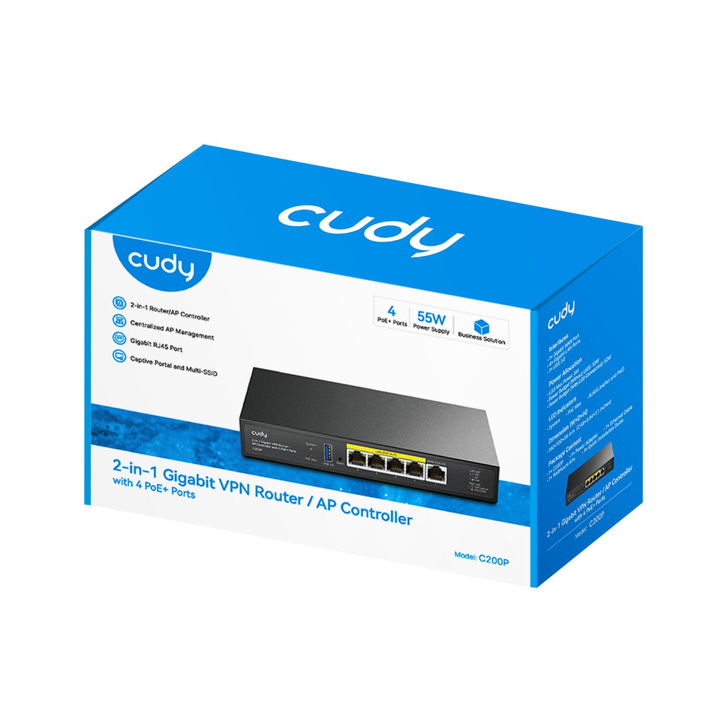 CUDY C200P GIGABIT VPN ROUTER, AP CONTROLLER, 4 POE PORTS