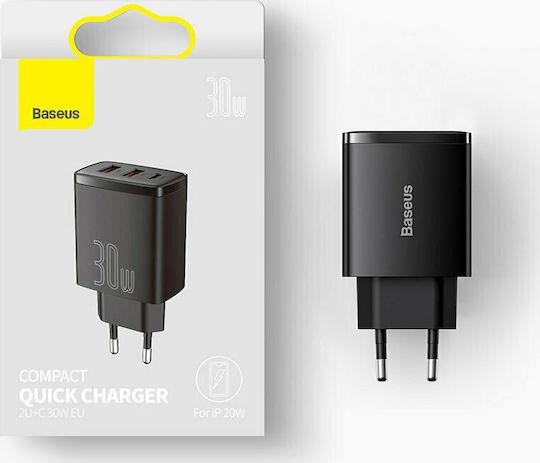 BASEUS COMPACT, ΦΟΡΤΙΣΤΗΣ ΓΡΗΓΟΡΗΣ ΦΟΡΤΙΣΗΣ, 3 ΘΥΡΕΣ, 30W, ΜΑΥΡΟΣ