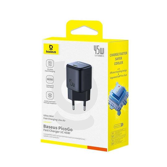 BASEUS PICOGO GAN, ΦΟΡΤΙΣΤΗΣ ΓΡΗΓΟΡΗΣ ΦΟΡΤΙΣΗΣ, ΘΥΡA TYPE-C, 45W, ΜΑΥΡΟΣ