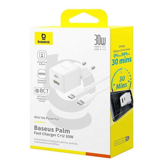BASEUS PALM ΦΟΡΤΙΣΤΗΣ ΓΡΗΓΟΡΗΣ ΦΟΡΤΙΣΗΣ, 2 ΘΥΡΕΣ, ΜΕ ΚΑΛΩΔΙΟ TYPE-C ΣΕ TYPE-C, 30W, ΛΕΥΚΟΣ