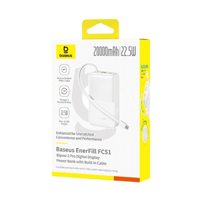 BASEUS ENERFILL FC51 BIPOW2 PRO, POWERBANK, 20000MAh, ΜΕ ΚΑΛΩΔΙΟ TYPE-C, 22.5W, ΜΕ ΨΗΦΙΑΚΗ ΟΘΟΝΗ, ΛΕΥΚΟ