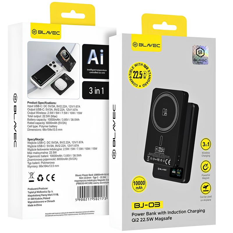 Φορτιστής Ανάγκης Blavec BJ-03 22.5W 10000mAh 3 σε 1 Magnetic Μαύρο
