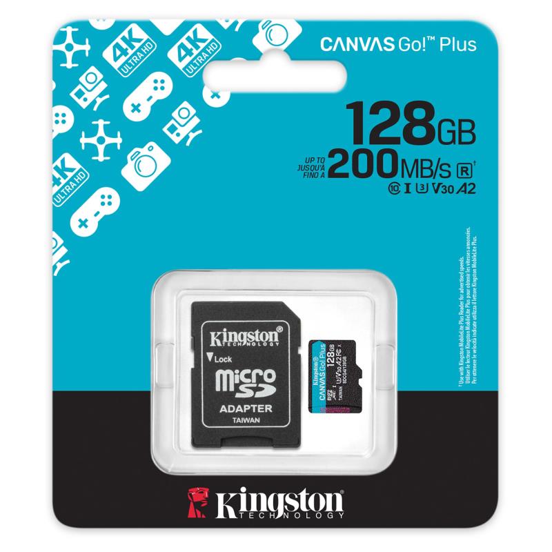 Κάρτα μνήμης Micro SDXC C10 UHS-I U3 Kingston Canvas Go! Plus 200MB/s 128Gb + 1 ADP