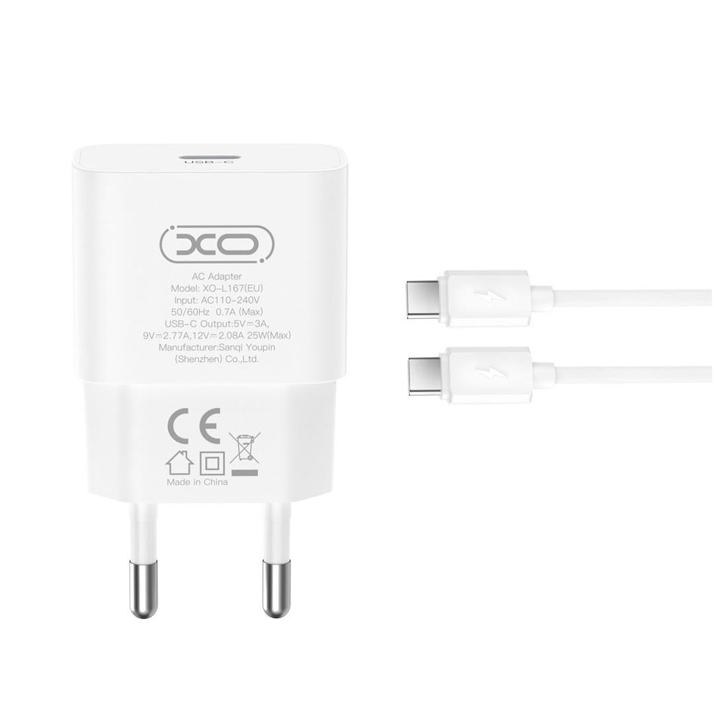 XO L167, ΦΟΡΤΙΣΤΗΣ ΓΡΗΓΟΡΗΣ ΦΟΡΤΙΣΗΣ, 25W, TYPE-C, ΜΕ ΚΑΛΩΔΙΟ TYPE-C ΣΕ TYPE-C, ΛΕΥΚΟ.