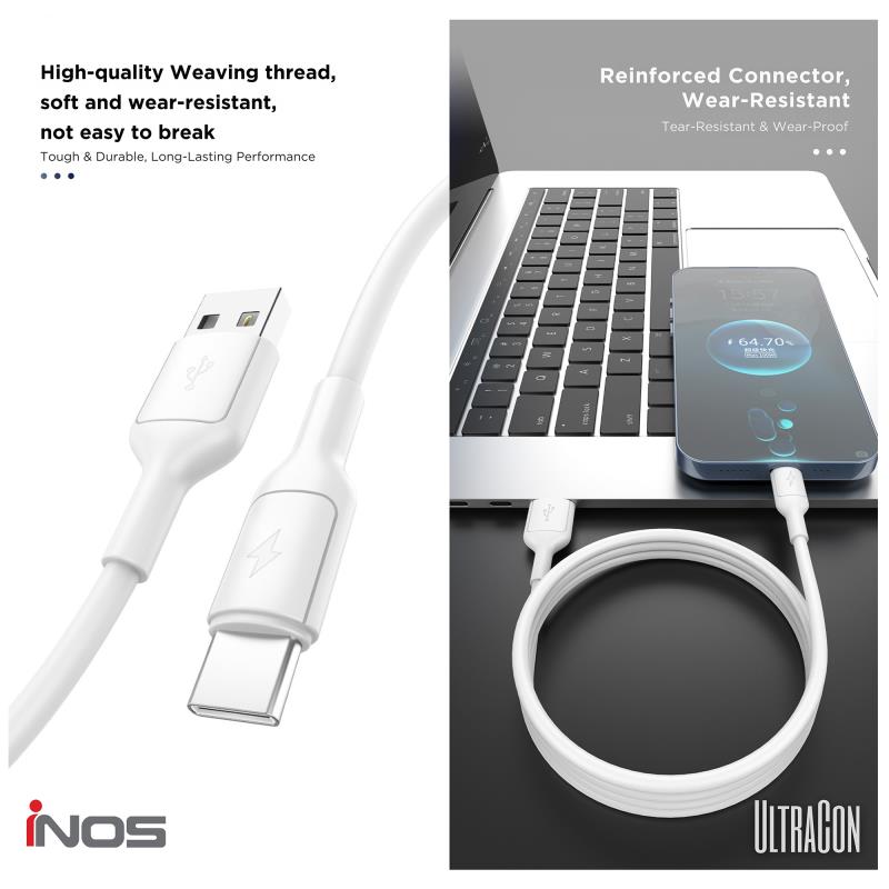 Καλώδιο Σύνδεσης USB 2.0 inos UltraCon USB A σε USB C 30W 1m Λευκό