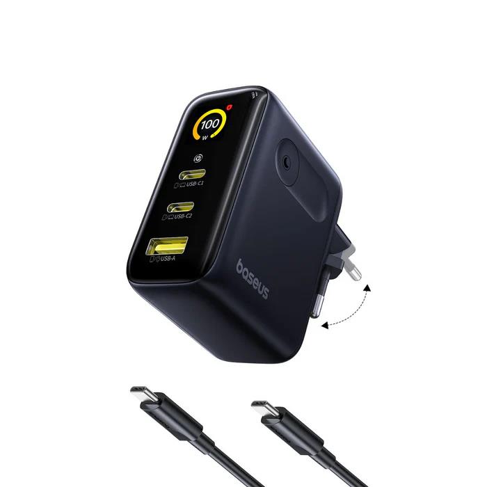 BASEUS PICOGO AE21, ΣΕΤ ΓΡΗΓΟΡΗΣ ΦΟΡΤΙΣΗΣ, 2 ΘΥΡΕΣ, ΜΕ ΚΑΛΩΔΙΟ TYPE-C ΣΕ TYPE-C, 100W, ΜΑΥΡΟ