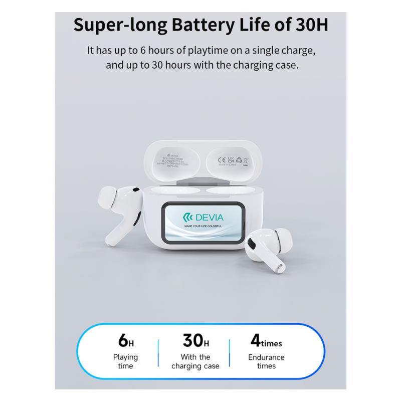 True Wireless Ακουστικά Bluetooth Devia EM062 ANC Pro2 με Οθόνη Λευκό