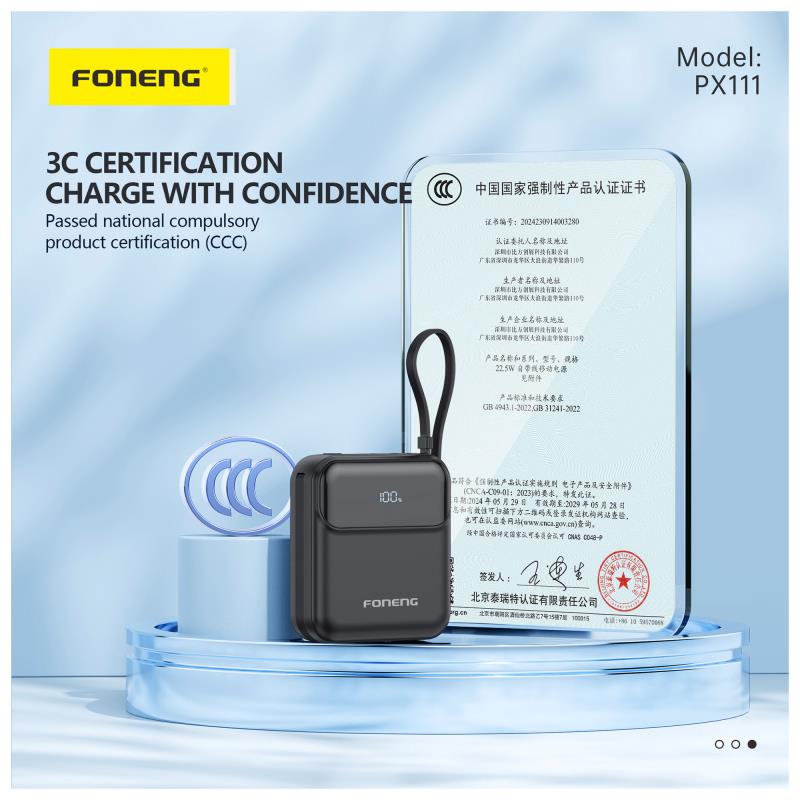 Φορτιστής Ανάγκης Foneng PX111 22.5W 10000mAh PD Mini με 2 Ενσωματωμένα Καλώδια Μαύρο