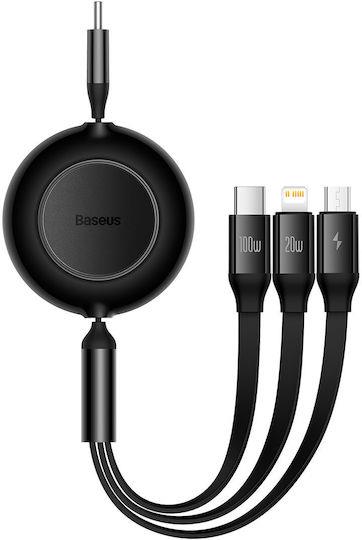 BASEUS BRIGHT MIRROR 2 SERIES, 3 ΣΕ 1, RETRACTABLE, TYPE-C + MICRO USB + LIGHTNING, 100w,  1.1m, ΜΑΥΡΟ