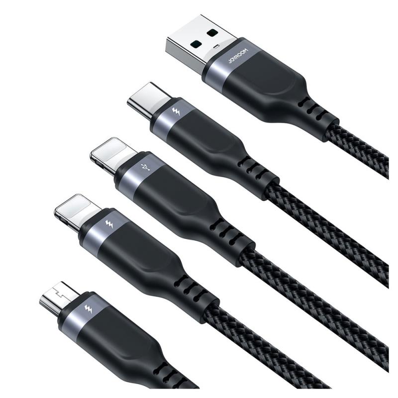 Καλώδιο Σύνδεσης USB 2.0 4 σε 1 Joyroom Braided S-1T4018A18 USB A σε Micro USB & USB C & 2xLightning 17.5W 1.2m Μαύρο