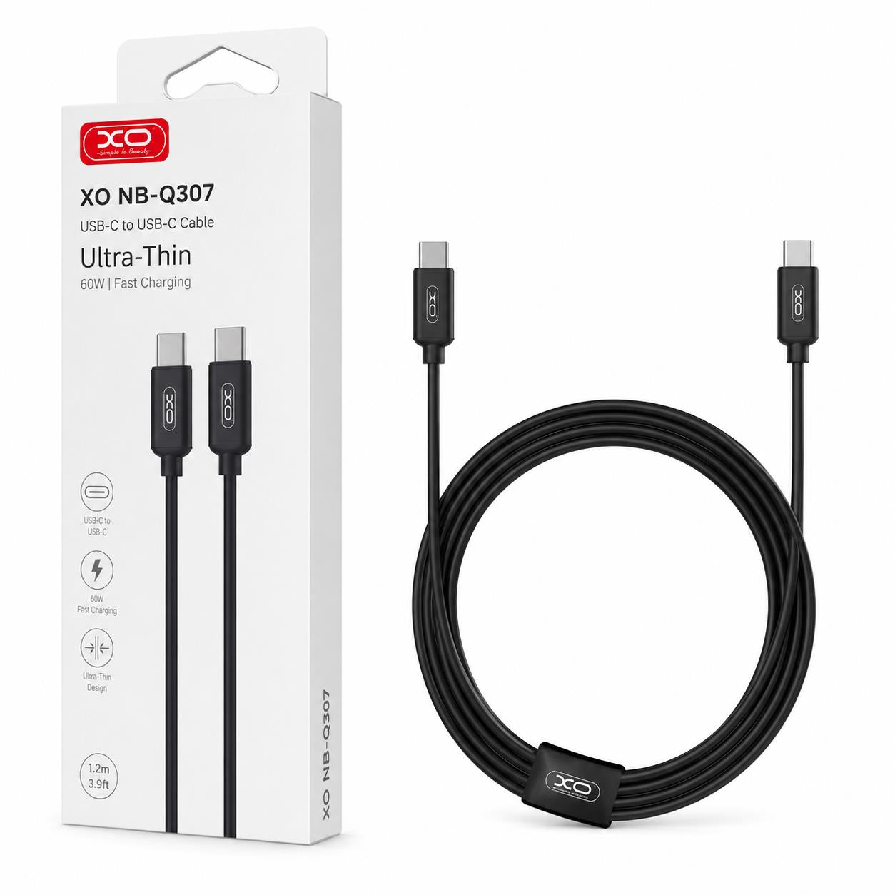 XO NB-Q307, ULTRA-THIN, ΚΑΛΩΔΙΟ ΓΡΗΓΟΡΗΣ ΦΟΡΤΙΣΗΣ, TYPE-C ΣΕ TYPE-C, 60W, MΑΥΡΟ