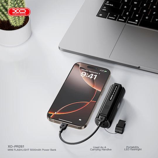 XO PR281, POWERBANK, ΜΕ ΦΑΚΟ, ΚΑΛΩΔΙΟ LIGHTNING, 5000mAh, ΜΑΥΡΟ
