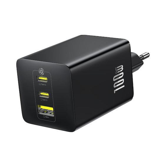 BASEUS ENERFILL FE22, ΦΟΡΤΙΣΤΗΣ ΤΟΙΧΟΥ, 2X TYPE-C + 1X USB-A, 100W, COSMIC BLACK