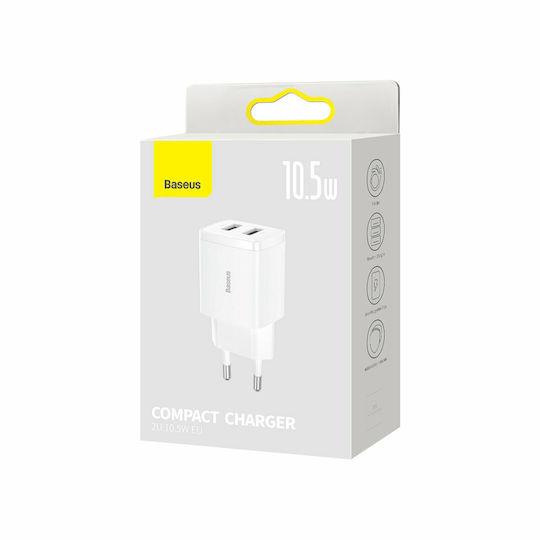 BASEUS COMPACT CHARGER 2U, ΦΟΡΤΙΣΤΗΣ ΤΟΙΧΟΥ, 2 ΘΥΡΕΣ USB, 10.5W, ΛΕΥΚΟΣ