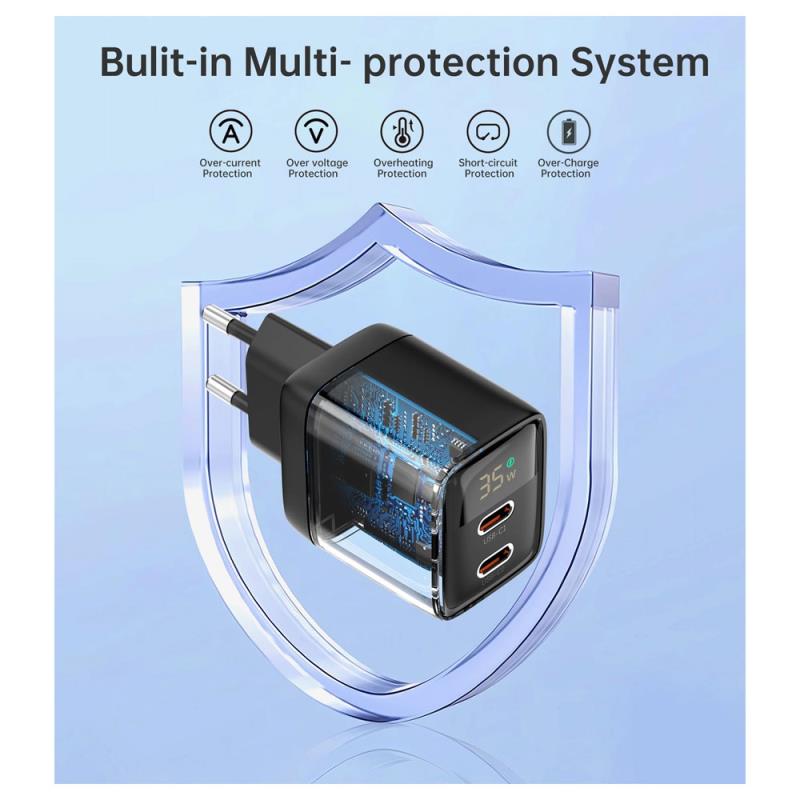 Φορτιστής Ταξιδίου Ταχείας Φόρτισης Choetech PD6051 με Διπλή Έξοδο 2xUSB C GaN PD 35W Μαύρο
