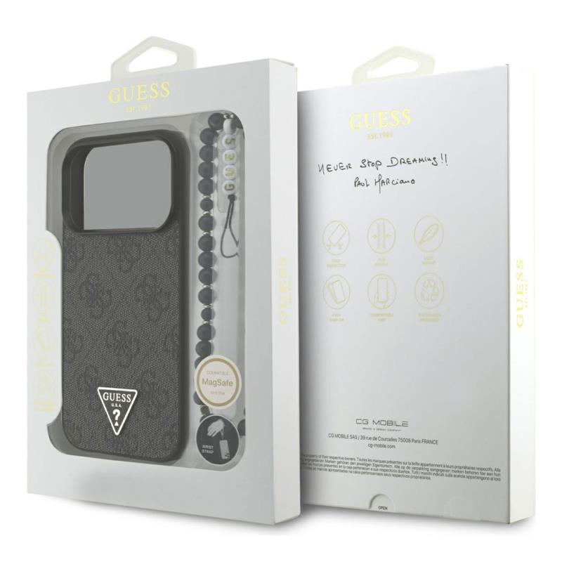Θήκη PU Guess Apple iPhone 17 Pro Hardcase Classic Logo Triangle 4G με Pearl Strap Μαύρο