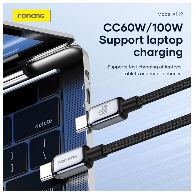 Καλώδιο Σύνδεσης USB 2.0 Foneng X119 Zinc Alloy Head Braided USB C σε USB C 100W 1m Μαύρο