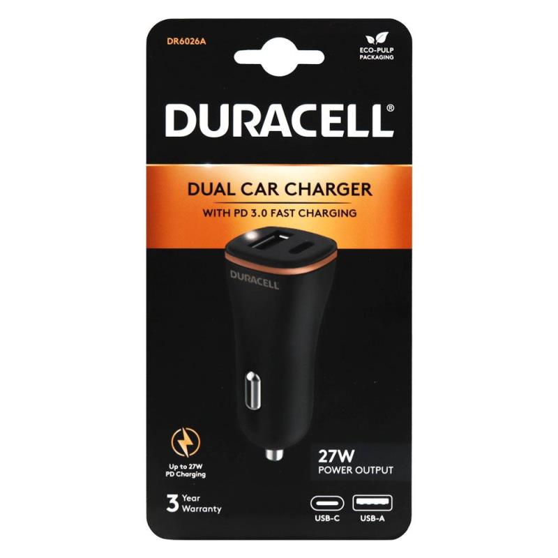 Φορτιστής Αυτοκινήτου Ταχείας Φόρτισης Duracell με Διπλή Έξοδο USB A & USB C PD 3.0 27W Μαύρο-Μπρονζέ