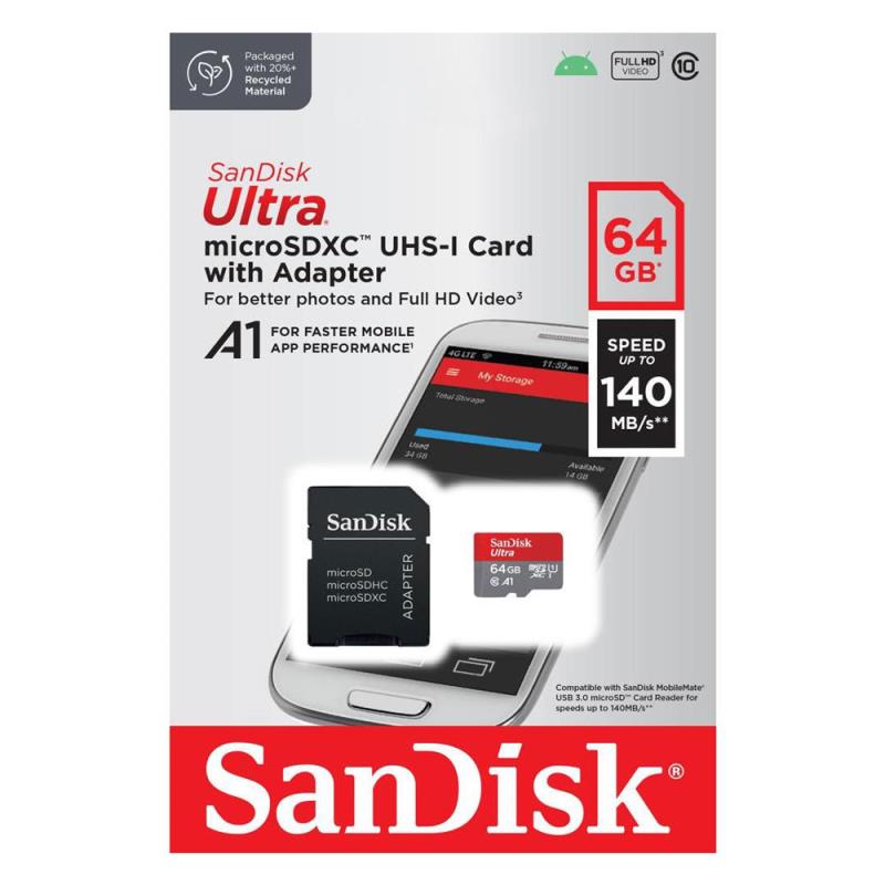 Κάρτα μνήμης Micro SDXC C10 UHS-I U1 SanDisk Ultra 140MB/s 64GB + 1 ADP
