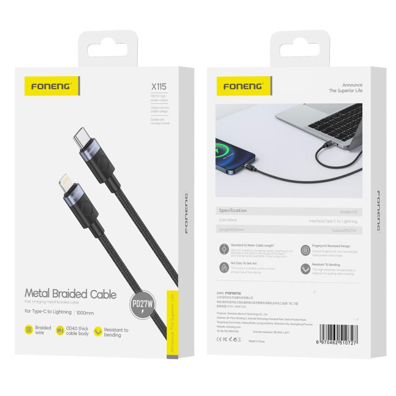Καλώδιο Σύνδεσης USB 2.0 Foneng X115 Metal Head Braided USB C σε Lightning PD 27W 1m Μαύρο
