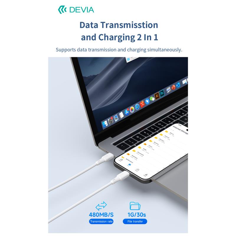 Καλώδιο Σύνδεσης USB 2.0 Devia EC631 USB C σε Lightning 3A 27W Silicone Pro3 1m Λευκό