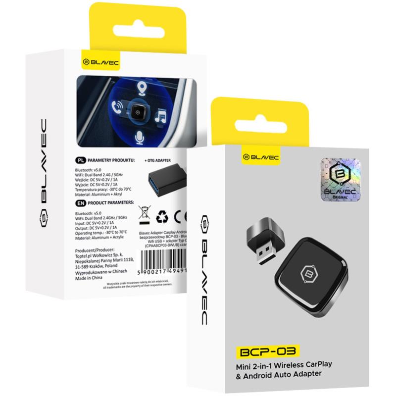 Ασύρματος Προσαρμογέας Blavec BCP-03 Carplay/ Android Auto με Bluetooth Wi-Fi USB A & USB C Adapter Μαύρο