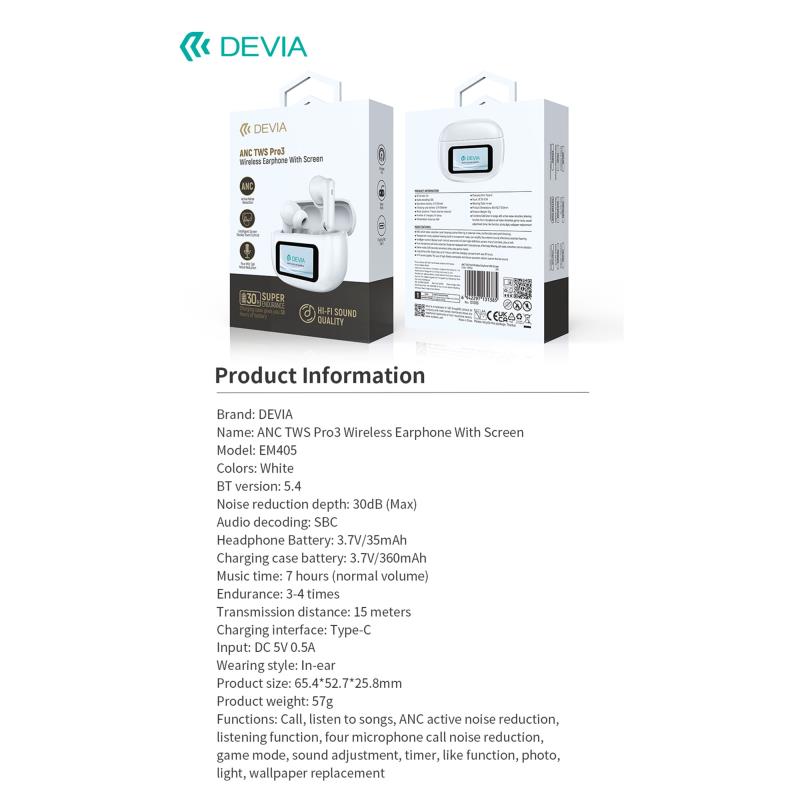 True Wireless Ακουστικά Bluetooth Devia EM405 ANC Pro3 με Οθόνη Λευκό