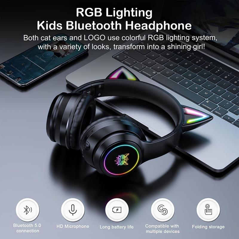 Ασύρματα Ακουστικά Κεφαλής Onikuma B90 Gaming με Αυτιά Γάτας RGB Μαύρο