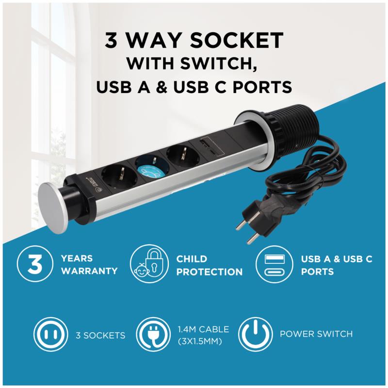 Πολύπριζο GSC 3 Θέσεων με Κουμπί On/Off, Θύρες USB A & USB C & Καλώδιο 1.4m (3 x 1.5mm) Μαύρο-Γκρι