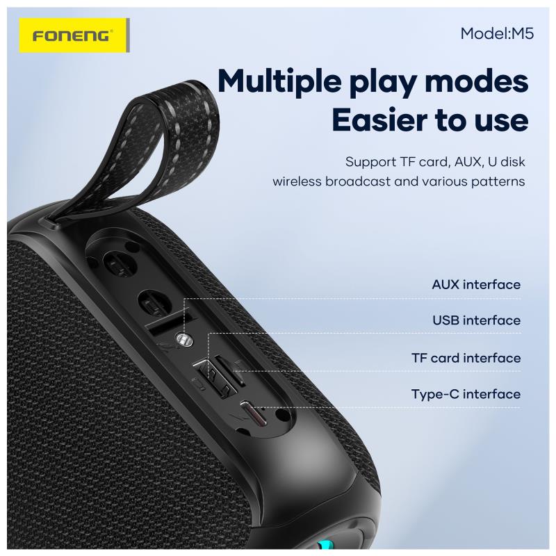Φορητό Ηχείο Bluetooth Foneng M5 Deep Bass Colorful BT 5.3 1200mAh 8W Μαύρο