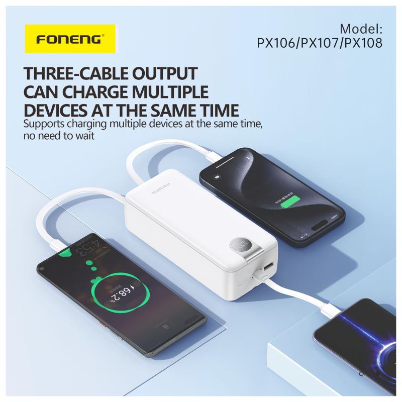 Foneng PX108 22.5W 30000mAh Emergency Charger with 3 Built-in Cables Black