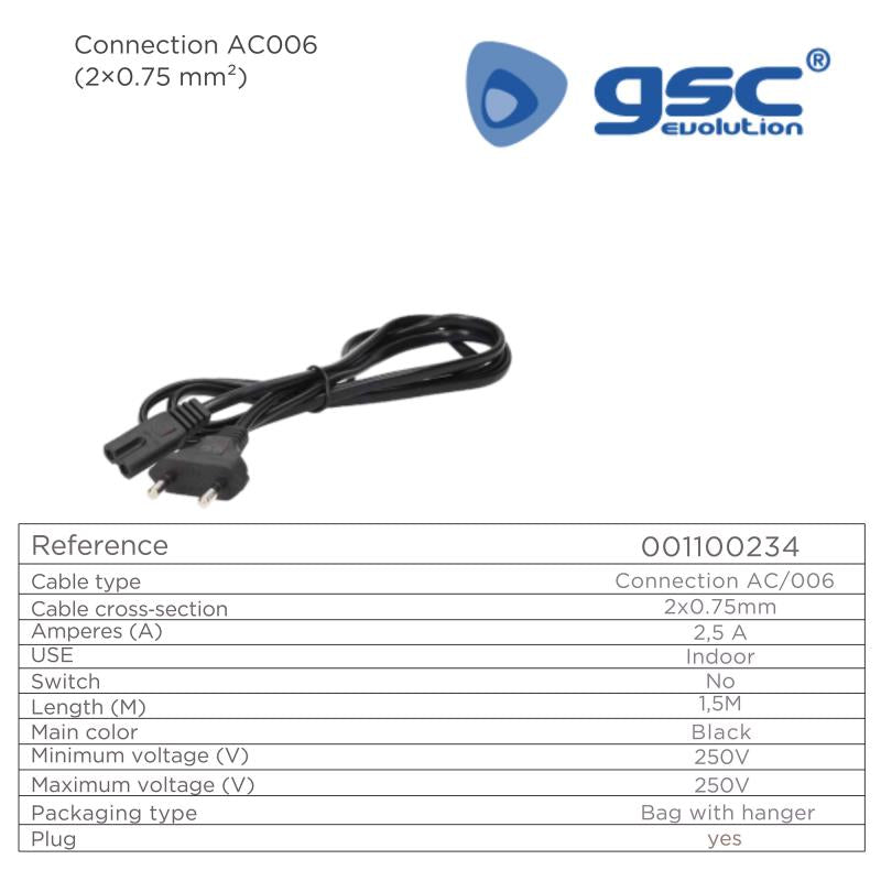 Καλώδιο Τροφοδοσίας GSC AC006 2x0.75mm για Notebooks 1.5m Μαύρο