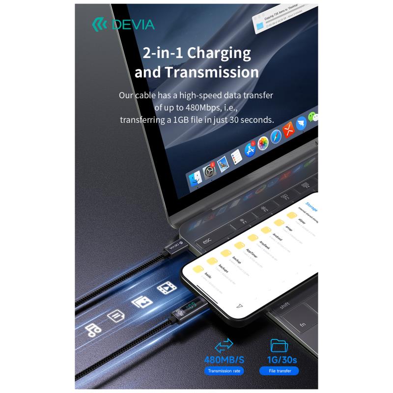 Καλώδιο Σύνδεσης USB 2.0 Devia EC313 Metal Woven USB C σε USB C με Οθόνη PD 60W 1.2m Extreme Μαύρο