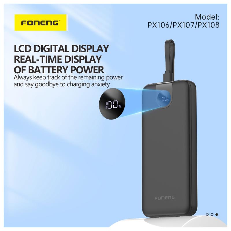 Φορτιστής Ανάγκης Foneng PX106 22.5W 10000mAh με 3 Ενσωματωμένα Καλώδια Μαύρο