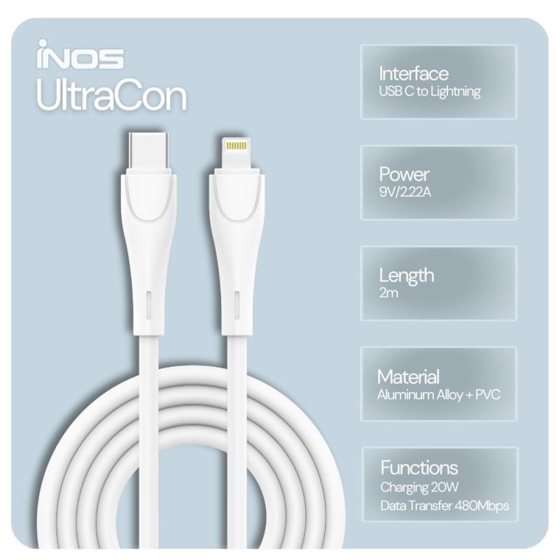 Καλώδιο Σύνδεσης USB 2.0 inos UltraCon USB C σε Lightning 20W 2m Λευκό