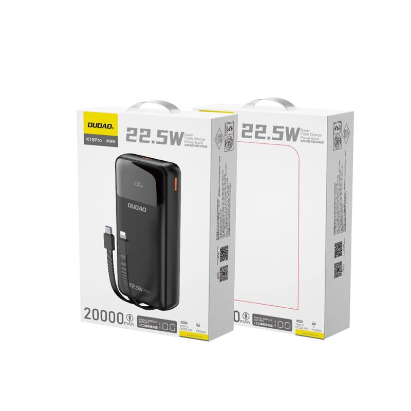 Φορτιστής Ανάγκης Dudao K15Pro 22.5W 20000mAh PD με 2 Ενσωματωμένα Καλώδια Μαύρο