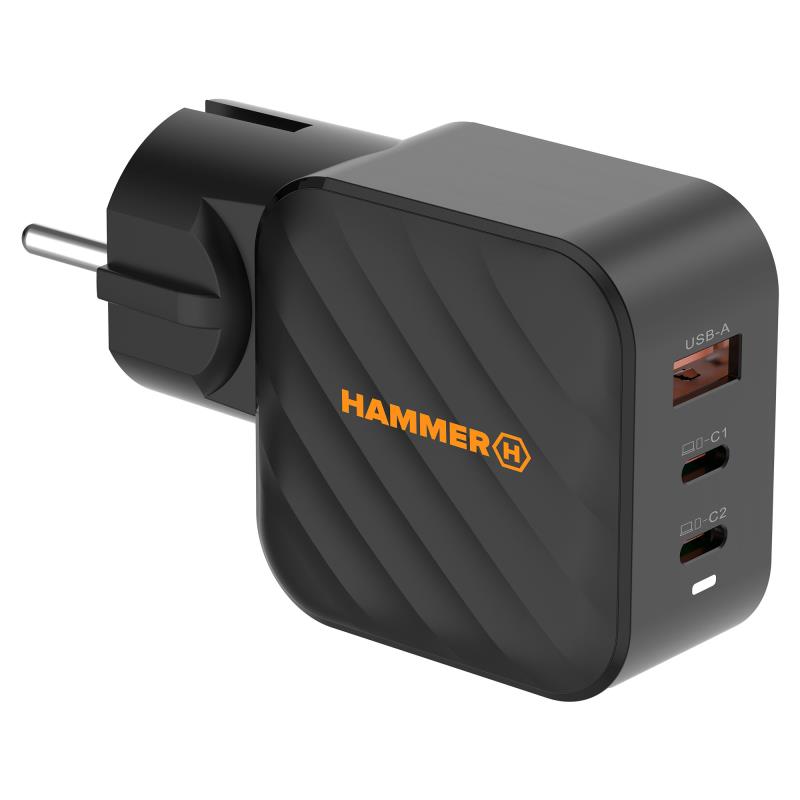 Φορτιστής Ταξιδίου Ταχείας Φόρτισης Hammer RapidCharge Duo με Τριπλή Έξοδο USB A & 2xUSB C PD 65W Μαύρο