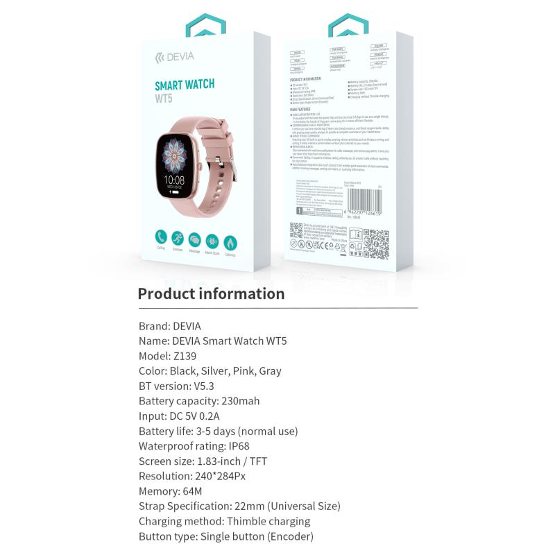 Smartwatch Devia WT5 1.83" Ροζ