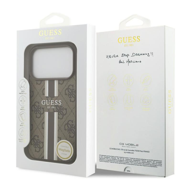 Θήκη PU Guess MagSafe Apple iPhone 17 Pro Hardcase Printed Stripes 4G Καφέ