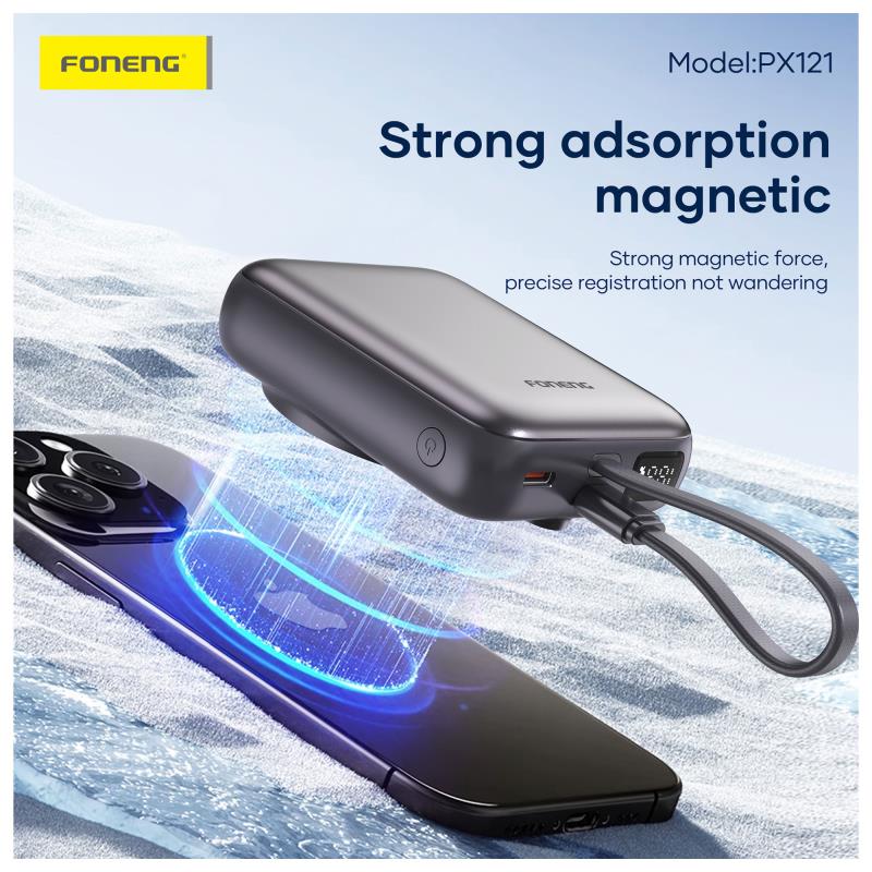 Φορτιστής Ανάγκης Foneng PX121 22.5W 10000mAh Magnetic Wireless με Ενσωματωμένο Καλώδιο Σκούρο Γκρι